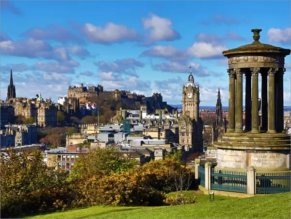 General city view from Calton Hill showing the Dugald Stewart Monument and Edinburgh