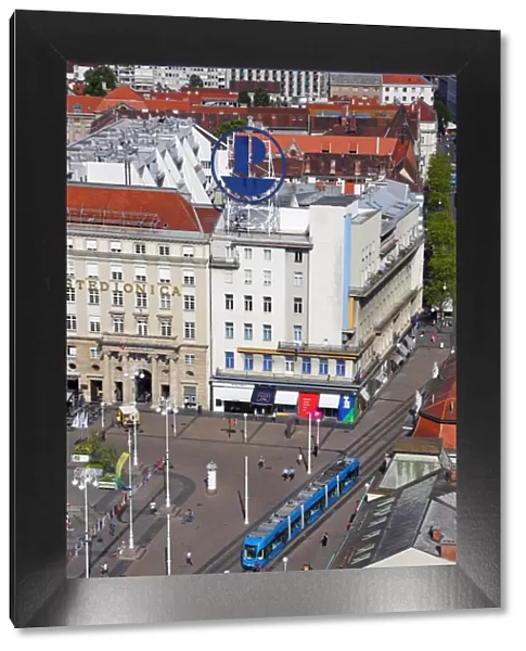Aerial view of Ban Jelacic Square with a tram in Zagreb, Croatia
