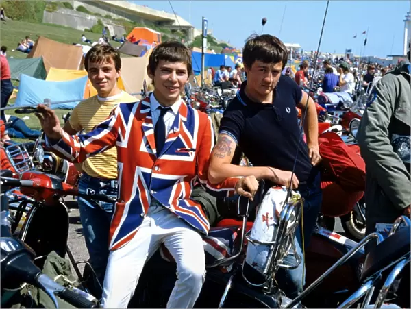 Mods in Brighton in 1982, wearing a Union Jack jacket sitting on scooters