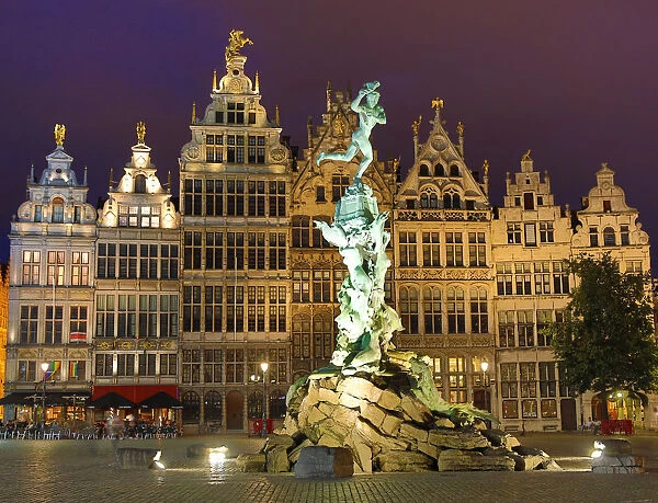 The Brabo Fountain in the Grote Markt at night in Antwerp, Belgium