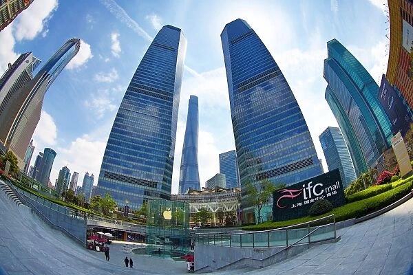 City skyline of skyscrapers of the IFC Mall shopping centre in Lujiazui in Pudong, Shanghai, China