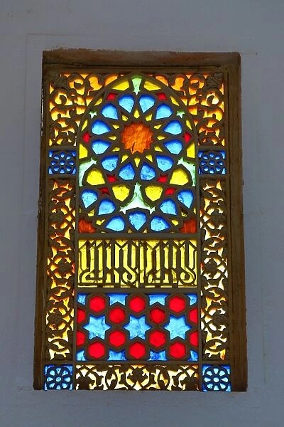 Colourful patterns on stained glass windows in King Hussein Park, Amman, Jordan