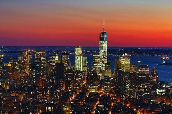 General aerial view of the New York Manhattan city skyline at sunset and One World Trade Center ( 1 WTC ), New York. America