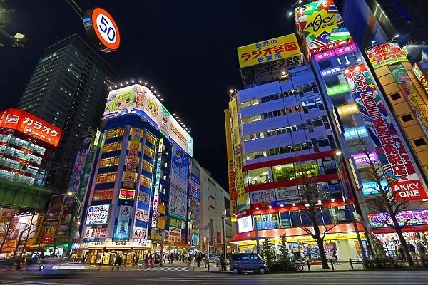 Lights of shops and buildings of Akihabara Electric Town street scene in Tokyo, Japan