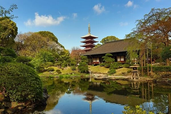 Pagoda and oriental garden at Senso-Ji Temple in Asakusa in Tokyo, Japan