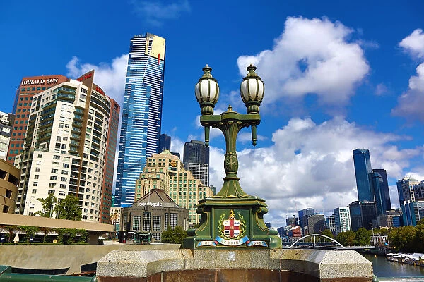 Skyline of the Southbank Promenade and lamps of the Princes Bridge, Melbourne, Victoria