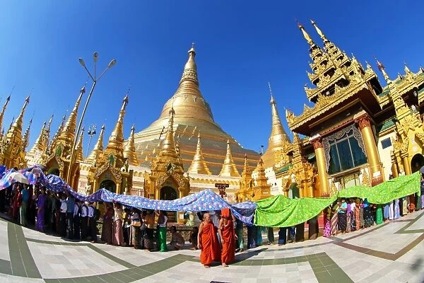 Spires and the golden stupa of Shwedagon Pagoda, Yangon, Myanmar