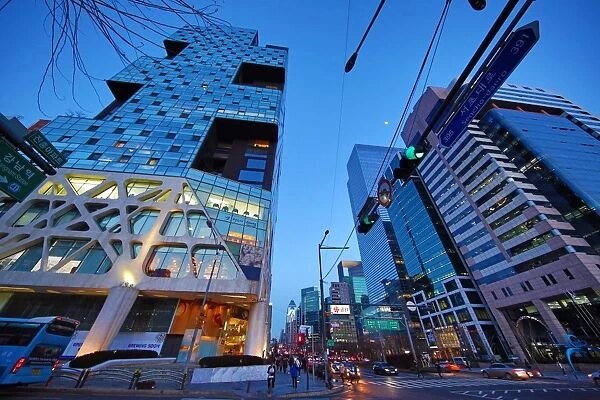 Tall modern buildings and office blocks at dusk in the Gangnam district, Seoul, Korea