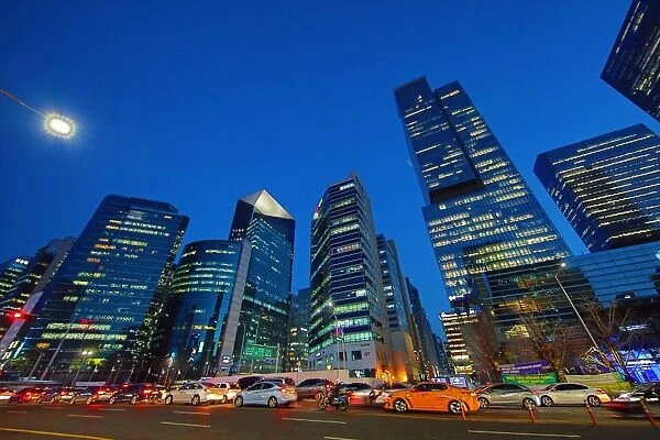Tall modern buildings and office blocks at dusk in the Gangnam district, Seoul, Korea
