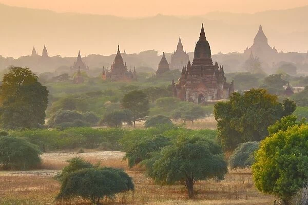 Temples and pagodas in most at sunset in Bagan, Myanmar (Burma)