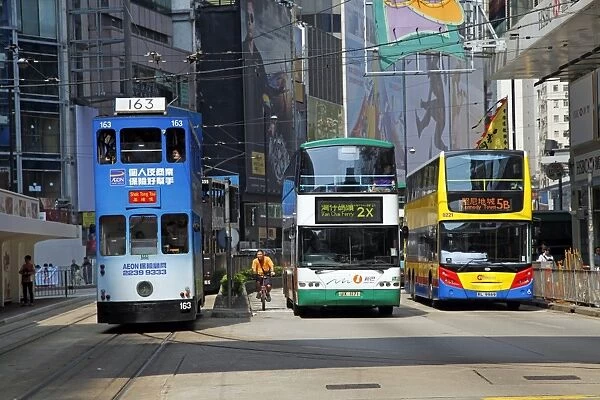 Traditional Double-Decker Tram and buses, Hong Kong, China