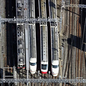 Aerial view of station with Japanese trains, Tokyo, Japan