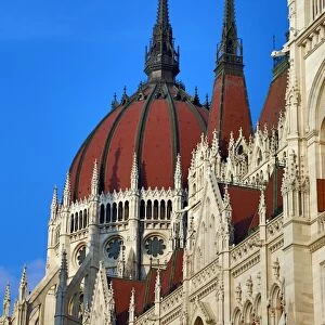 Dome and spires of the Hungarian Parliament Building, the Orszaghaz, in Budapest, Hungary