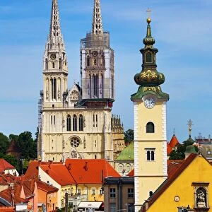 General city skyline view of Zagreb Cathedral with tower renovation and the tower of St