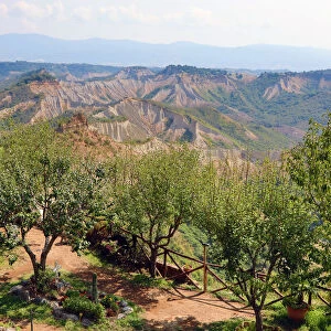 Italian countryside and trees seen from the hilltop village of Civita di Bagnoregio