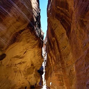 Sandstone cliiffs of the Siq canyon entrance to the city of Petra, Jordan