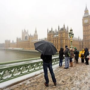 Snow on Westminster Bridge, the Houses of Parliament and Big Ben, London