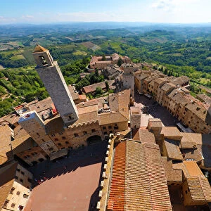 View over the rooftops of San Gimignano and Tuscan countryside