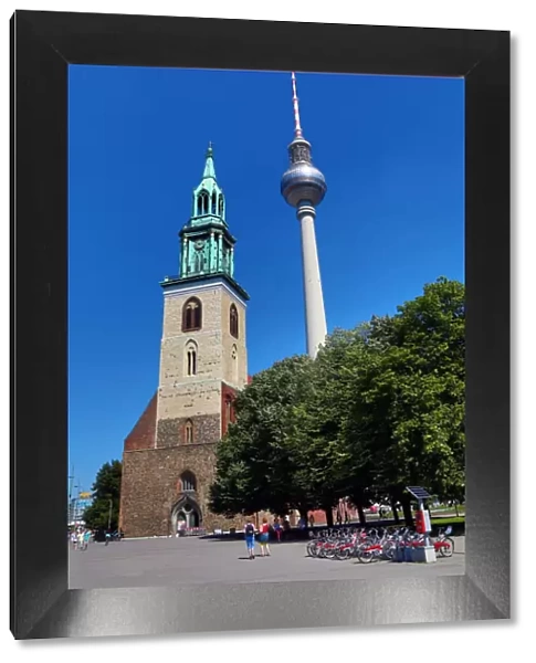 Church of St Mary and the Berlin TV Tower, Fernsehturm, television tower in Berlin, Germany