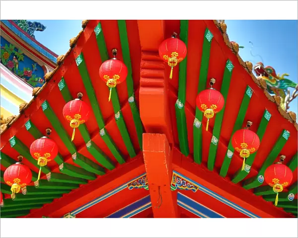 Red lanterns and roof decorations on the Thean Hou Chinese Temple, Kuala Lumpur, Malaysia