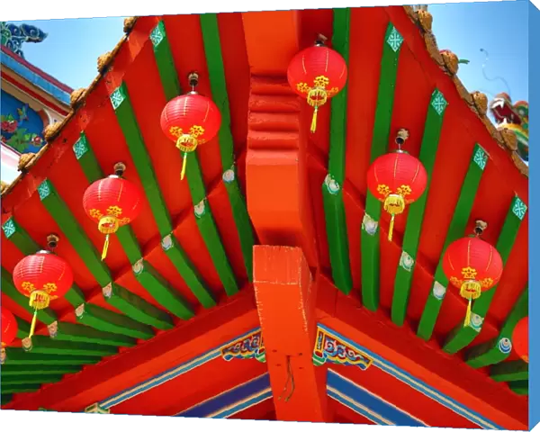 Red lanterns and roof decorations on the Thean Hou Chinese Temple, Kuala Lumpur, Malaysia