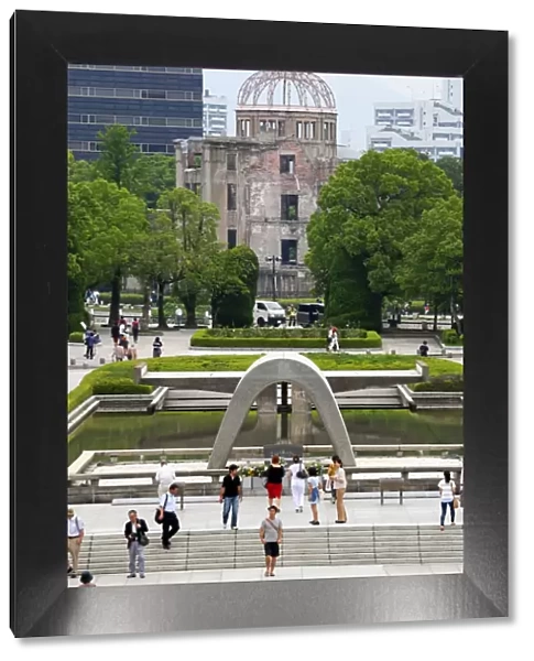 The Genbaku Domu, Atomic Bomb Dome, and the Memorial Cenotaph in the Hiroshima Peace Memorial Park, Hiroshima, Japan