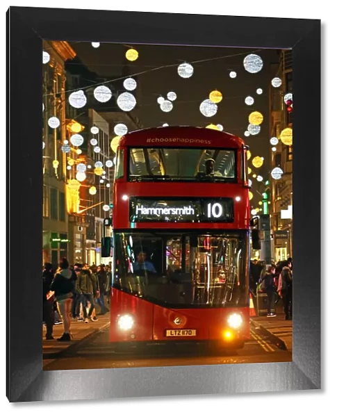 Red Double Decker Bus and Oxford Street Christmas lights, London