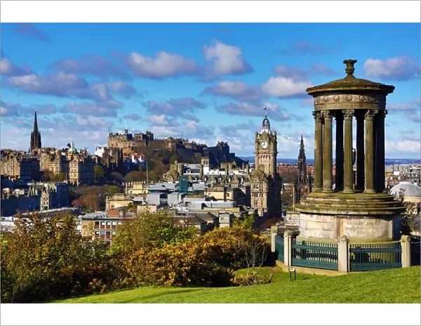 General city view from Calton Hill showing the Dugald Stewart Monument and Edinburgh