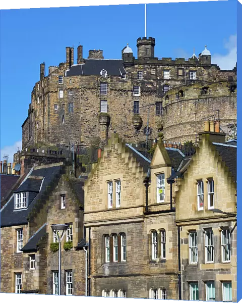 Edinburgh Castle and roofs of houses in Grassmarket in Edinburgh, Scotland, United