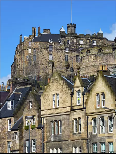 Edinburgh Castle and roofs of houses in Grassmarket in Edinburgh, Scotland, United