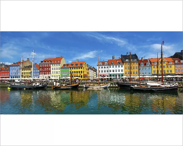 Panaoramic view of boats at Nyhavn Quay in Copenhagen, Denmark
