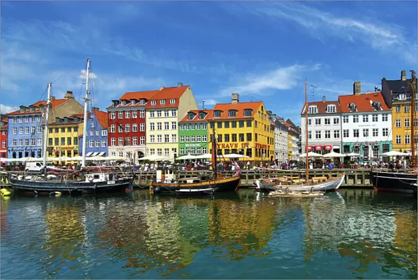 Panaoramic view of boats at Nyhavn Quay in Copenhagen, Denmark