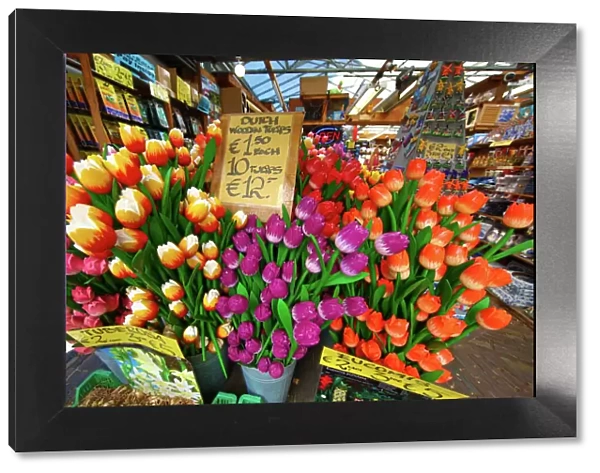 Wooden Tulip flowers on sale in the flower market in Amsterdam, Holland