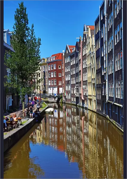 Houses on the Oudezijds Achterburgwal canal in Amsterdam, Holland