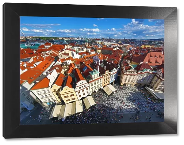 Aerial view of city skyline and the rooftops of buildings in Old Town Square, Prague