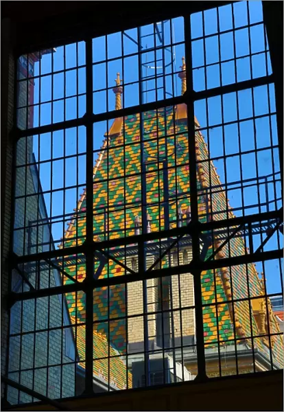 Traditional tiled roof seen through a metal framed window in Budapest, Hungary