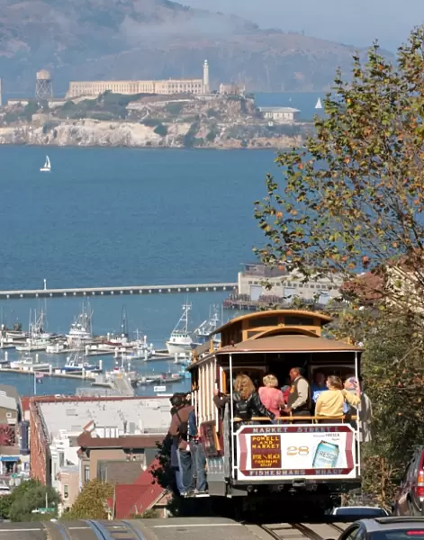 Tram and Alcatraz Island in San Francisco, California, America