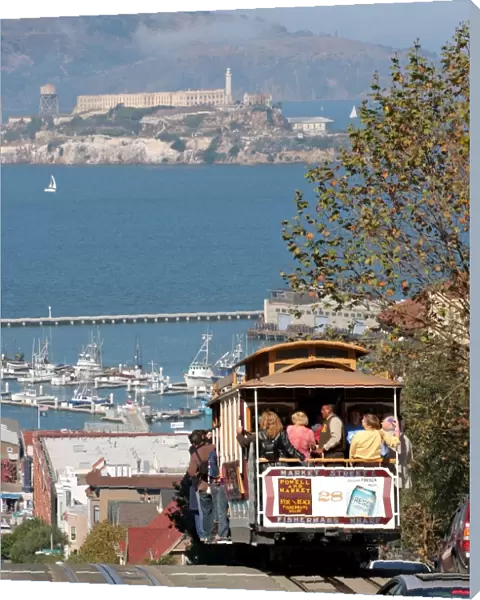 Tram and Alcatraz Island in San Francisco, California, America