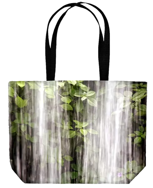 Waterfall with rushing water, spray and leaves