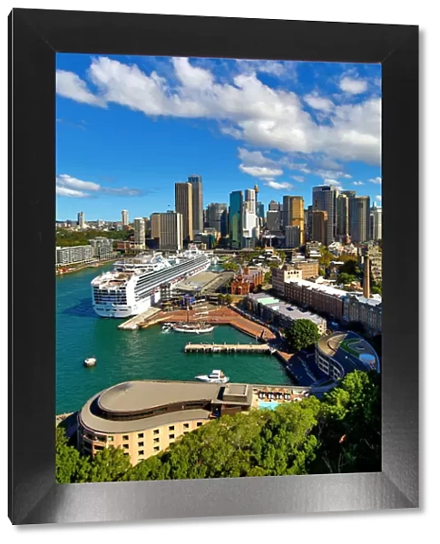 Sydney city skyline, harbour and a cruise ship, Sydney, New South Wales, Australia