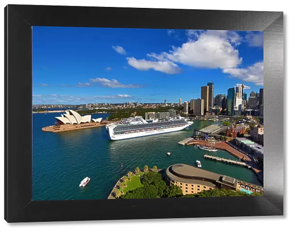 Sydney city skyline, harbour, Opera House and a cruise ship, Sydney, New South Wales