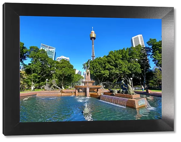 The Westfield Sydney Tower and a Hyde Park fountain, Sydney, New South Wales, Australia