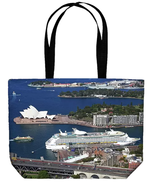 Aerial view of Sydney Opera House, and a cruise ship in the harbour, Sydney, New South Wales