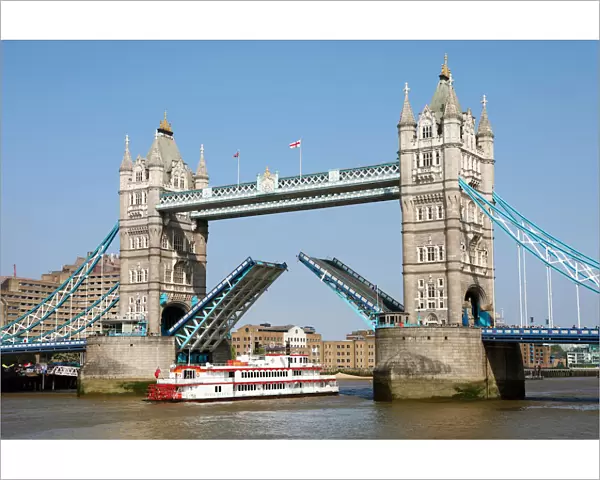 Tower Bridge raised for Dixie Queen Paddlesteamer, London, UK
