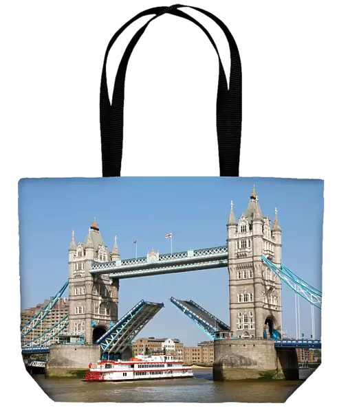 Tower Bridge raised for Dixie Queen Paddlesteamer, London, UK