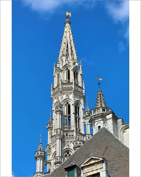 Tower and spire of the Town Hall in the Grand Place or Grote Markt, Brussels, Belgium