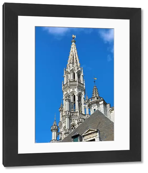 Tower and spire of the Town Hall in the Grand Place or Grote Markt, Brussels, Belgium