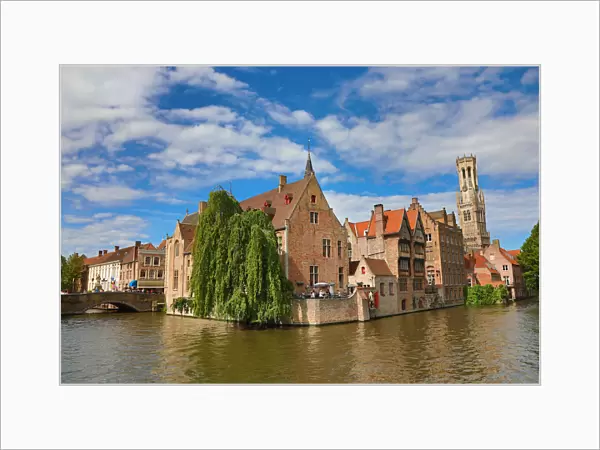 Quay of the Rosary or Rozenhoedkaai and the Belfry Tower, Bruges, Belgium