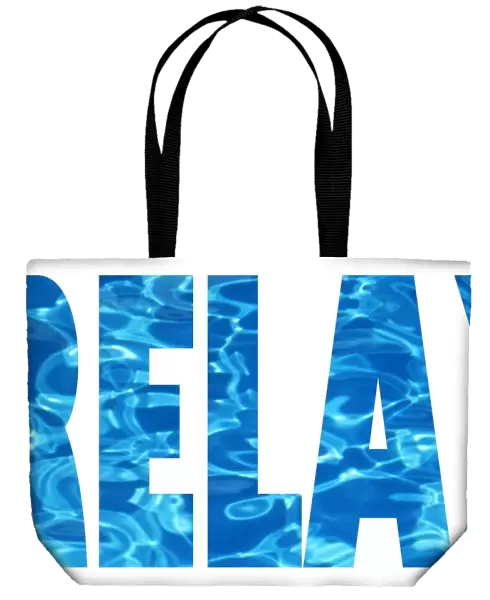 Relax fun word text mug with blue water ripple background