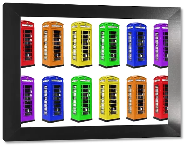 Red and Rainbow coloured London Telephone Boxes